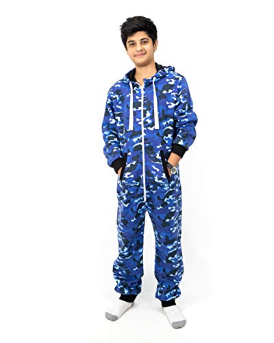 NOROZE Unisex Kinder Jungs Mädchen Azteken Fleece Kapuzen Onesie Jumpsuit (11/12 Jahre, Tarnung Blau) von NOROZE