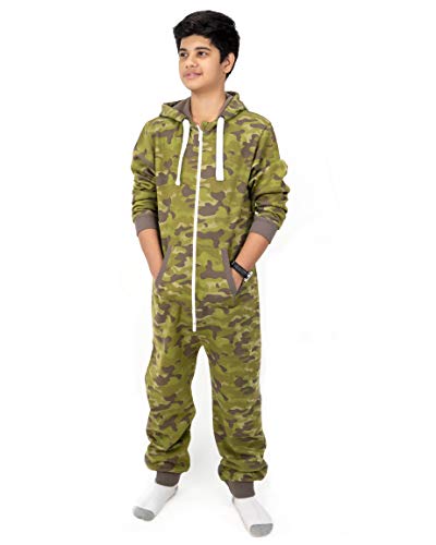 NOROZE Unisex Kinder Jungs Mädchen Azteken Fleece Kapuzen Onesie Jumpsuit (11/12 Jahre, Tarnung Khaki) von NOROZE