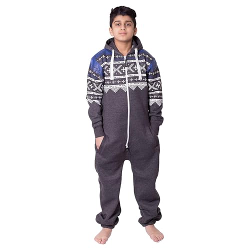 NOROZE Unisex Kinder Jungs Mädchen Azteken Fleece Kapuzen Onesie Jumpsuit (13 Jahre, Azteken Anthrazit) von NOROZE