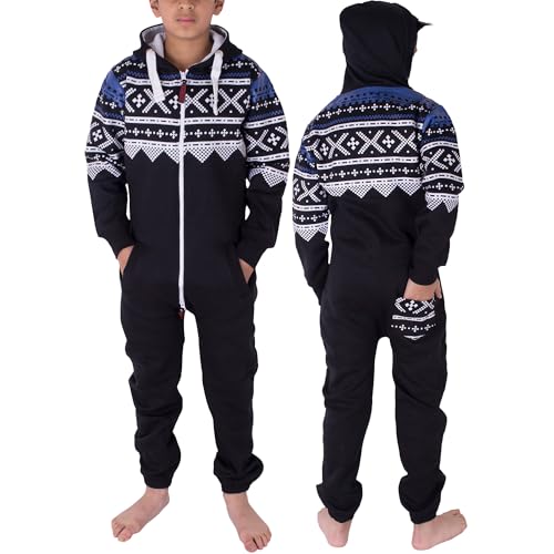 NOROZE Unisex Kinder Jungs Mädchen Azteken Fleece Kapuzen Onesie Jumpsuit (13 Jahre, Azteken Schwarz) von NOROZE