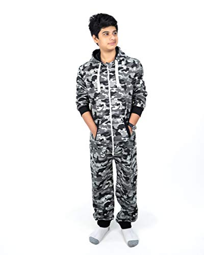 NOROZE Unisex Kinder Jungs Mädchen Azteken Fleece Kapuzen Onesie Jumpsuit (13 Jahre, Tarnung Anthrazit) von NOROZE