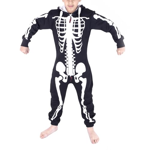 NOROZE Unisex Kinder Jungs Mädchen Skeleton Halloween Fleece Kapuzen Onesie Jumpsuit 2-13 Jahre (11/12 Jahre, Schwarz) von NOROZE