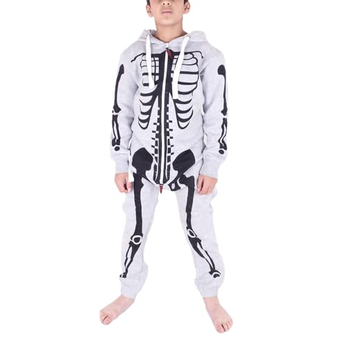 NOROZE Unisex Kinder Jungs Mädchen Skeleton Halloween Fleece Kapuzen Onesie Jumpsuit 2-13 Jahre (11/12 Jahre, Silber Grau) von NOROZE