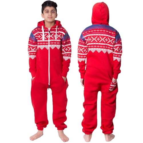 NOROZE Unisex Kinder Jungs Mädchen Skeleton Halloween Fleece Kapuzen Onesie Jumpsuit 2-13 Jahre (5-6 Jahre, Azteken Rot) von NOROZE