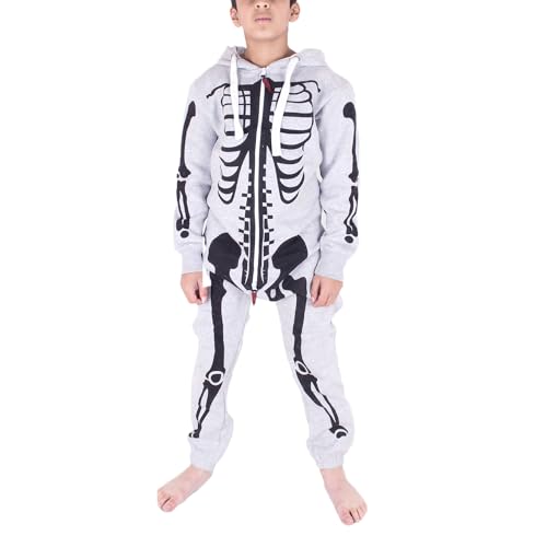NOROZE Unisex Kinder Jungs Mädchen Skeleton Halloween Fleece Kapuzen Onesie Jumpsuit 2-13 Jahre (7/8 Jahre, Silber Grau) von NOROZE