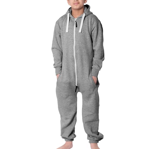 NOROZE Onesie Jumpsuit Weihnachts-Pyjama für Jungen Einteiler einfarbig Fleece-Einteiler mit Kapuze für Mädchen Schlafanzug Overall für Kinder Unisex (9-10 Jahre, Anthrazit) von NOROZE