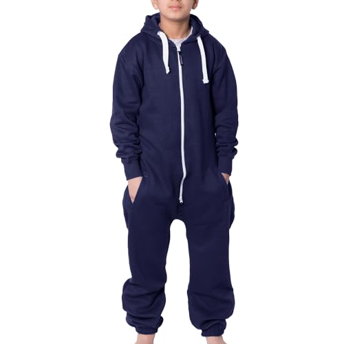 NOROZE Onesie Jumpsuit Weihnachts-Pyjama für Jungen Einteiler einfarbig Fleece-Einteiler mit Kapuze für Mädchen Schlafanzug Overall für Kinder Unisex (9-10 Jahre, Marine) von NOROZE