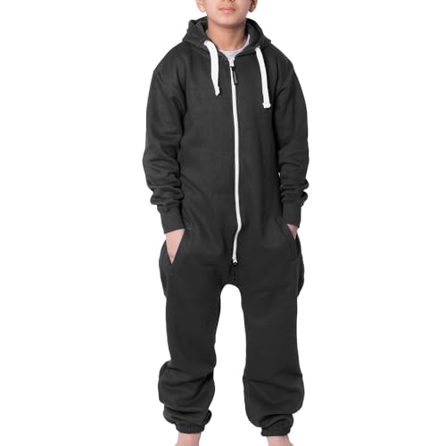 NOROZE Onesie Jumpsuit Weihnachts-Pyjama für Jungen Einteiler einfarbig Fleece-Einteiler mit Kapuze für Mädchen Schlafanzug Overall für Kinder Unisex (11-12 Jahre, Schwarz) von NOROZE