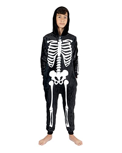 NOROZE Unisex Kinder Skelett Shark Onesie Jungen Pyjama Schlafanzug Halloween Loungewear Super weich Vlies Jumpsuit Spielanzug Overall (9-10 Jahre, Skelett Schwarz) von NOROZE