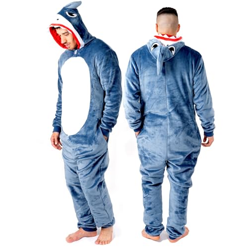 NOROZE Unisex Skelett Shark Onesie Erwachsene Herren Pyjama Schlafanzug Halloween Loungewear Super weich Vlies Jumpsuit Spielanzug Overall (M, Haifischgrau) von NOROZE