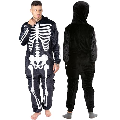 NOROZE Unisex Skelett Shark Onesie Erwachsene Herren Pyjama Schlafanzug Halloween Loungewear Super weich Vlies Jumpsuit Spielanzug Overall (M, Skelett Schwarz) von NOROZE
