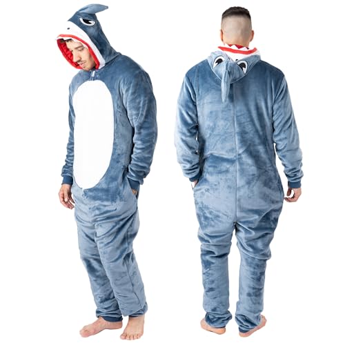 NOROZE Unisex Skelett Shark Onesie Erwachsene Herren Pyjama Schlafanzug Halloween Loungewear Super weich Vlies Jumpsuit Spielanzug Overall (XL, Haifischgrau) von NOROZE