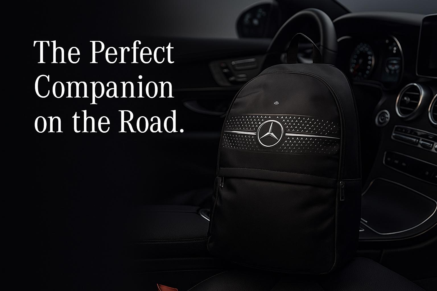 Mercedes Signature Patterned Backpack in Elegant Black Featuring The Iconic Star Emblem For Discerning Traveler von NOSAPPARELCo