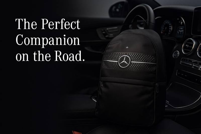 Mercedes Signature Patterned Backpack in Elegant Black Featuring The Iconic Star Emblem For Discerning Traveler von NOSAPPARELCo