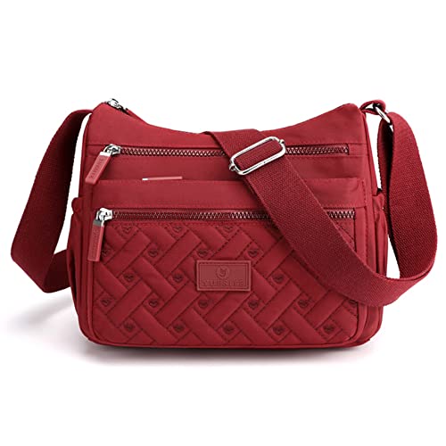 NOTAG Nylon Umhängetasche Damen, Wasserdicht Casual Schultertasche Mehrere Taschen Messenger-Tasche (Weinrot) von NOTAG