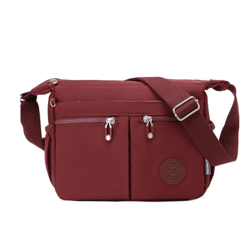 NOTAG Umhängetasche Damen, Wasserdicht Nylon Crossbody Bag Mittelgroß Mehrere Taschen Schultertasche Messenger Bag (Weinrot) von NOTAG