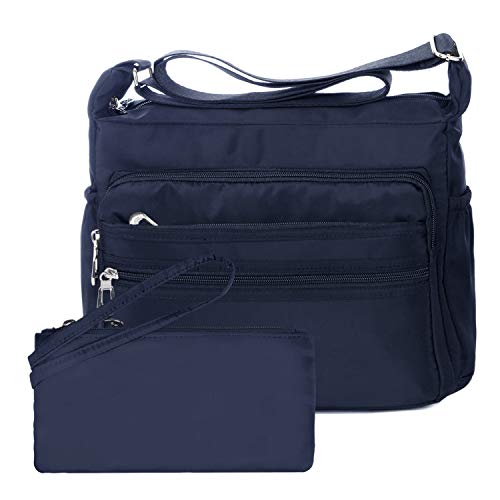 NOTAG Umhängetasche Damen, Wasserdicht Nylon Schultertasche Mehrfachtasche Handtasche mit RFID Geldbörse (L, Blau) von NOTAG