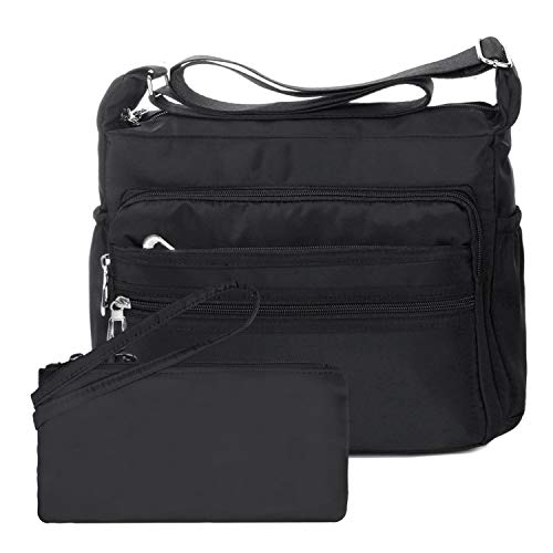 NOTAG Umhängetasche Damen, Wasserdicht Nylon Schultertasche Mehrfachtasche Handtasche mit RFID Geldbörse (S, Schwarz) von NOTAG