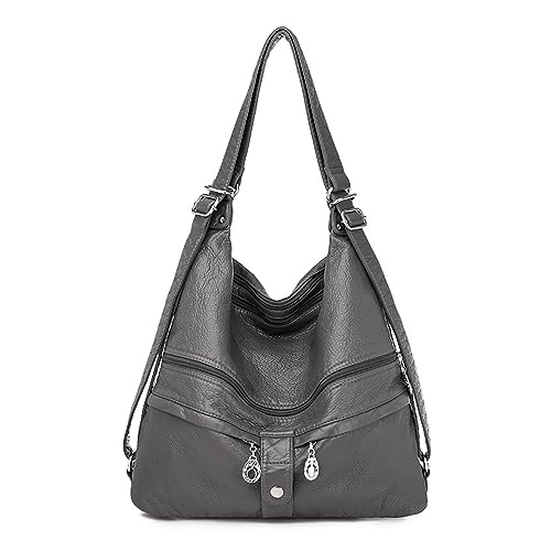 NOTAG Handtasche Damen Multi Tasche PU Leder Hobo Schultertasche 3 in 1 Multifunktionale Rucksack (Grau-Neu) von NOTAG