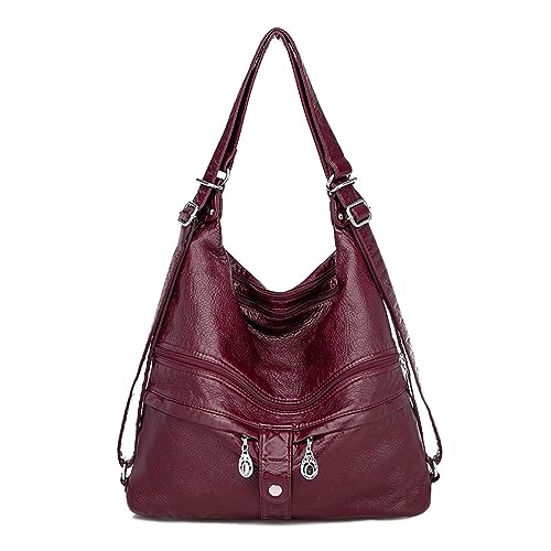 NOTAG Handtasche Damen Multi Tasche PU Leder Hobo Schultertasche 3 in 1 Multifunktionale Rucksack (Rot-Neu) von NOTAG
