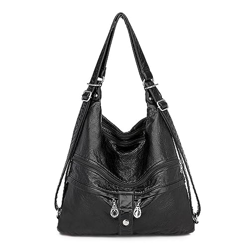 NOTAG Handtasche Damen Multi Tasche PU Leder Hobo Schultertasche 3 in 1 Multifunktionale Rucksack (Schwarz-Neu) von NOTAG
