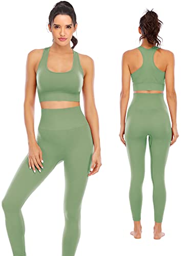 NOVA ACTIVE Workout-Sets für Damen, 2-teilig, hohe Taille, nahtlose Leggings mit gepolstertem, dehnbarem Sport-BH, Sets für Fitnessstudio, Kleidung, Avocado, M von NOVA ACTIVE