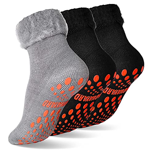 NOVAYARD 3 Paar Stoppersocken Wollsocken mit Innenfrottee Wintersocken Anti Rutsch Haussocken Kuschelsocken für Herren (Schwarz+Dunkelgrau,L) von NOVAYARD