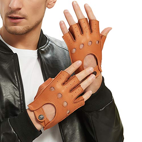 NOVBJECT Herren Fingerlose Lederhandschuhe Hirschleder Halber Finger Ungefüttert Motorrad Outdoor Autohandschuhe (Sand,S) von NOVBJECT