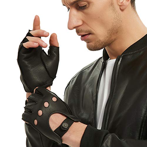 NOVBJECT Herren Fingerlose Lederhandschuhe Hirschleder Halber Finger Ungefüttert Motorrad Outdoor Autohandschuhe (Schwarz,L) von NOVBJECT