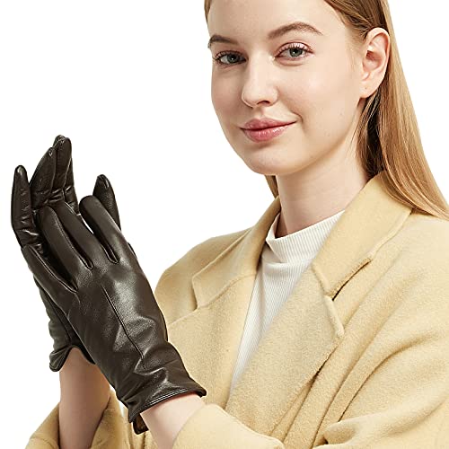 NOVBJECT Lederhandschuhe Winter Damen Touchscreen Lammfell Elegant Kaschmir Gefüttert Warm Outdoor Fahrhandschuhe, Braun, M von NOVBJECT