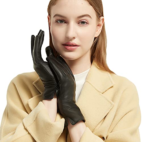 NOVBJECT Lederhandschuhe Winter Damen Touchscreen Lammfell Elegant Kaschmir Gefüttert Warm Outdoor Fahrhandschuhe, Schwarz, L von NOVBJECT