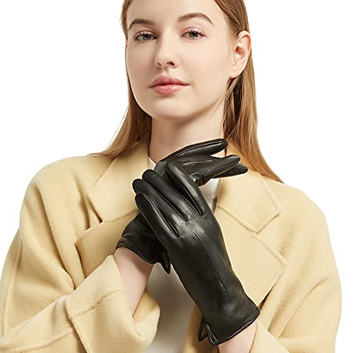 NOVBJECT Lederhandschuhe Winter Damen Touchscreen Lammfell Elegant Kaschmir Gefüttert Warm Outdoor Fahrhandschuhe, Schwarz, L von NOVBJECT