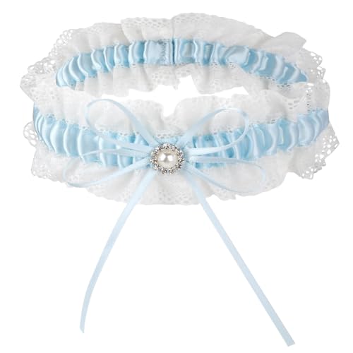 Premium Braut Strumpfband in Blau für Hochzeit, Band verziert mit Spitze, Schleife und einem edlen mit filigranem Glitzer-Stein, Handgefertigt von NOXYZA