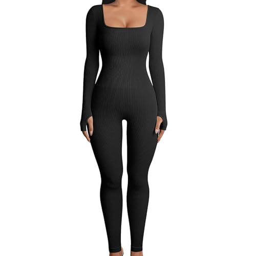 NOZEM Damen-Yoga-Jumpsuit, gerippt, einteilig, Hüftstraffung, langärmelig, quadratischer Ausschnitt, Workout-Bodysuits, Übungs-Jumpsuits, Schwarz , 50 von NOZEM