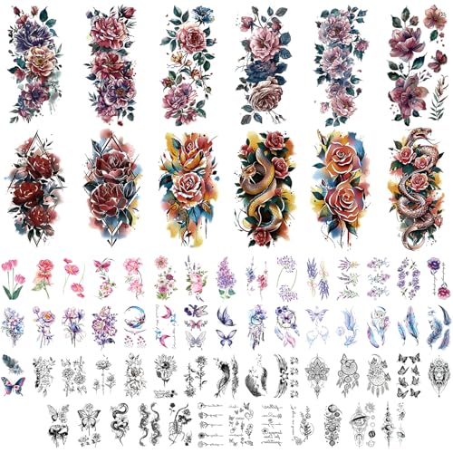 Npcswxq 69 Blätter Aquarell Temporäre Tattoos,12Blätter Große Rosen Pfingstrosen Blumen fake tattoos,57Blätter Kleine 3D Blumen Schmetterling Eule für Erwachsene Frauen Männer von NPCSWXQ