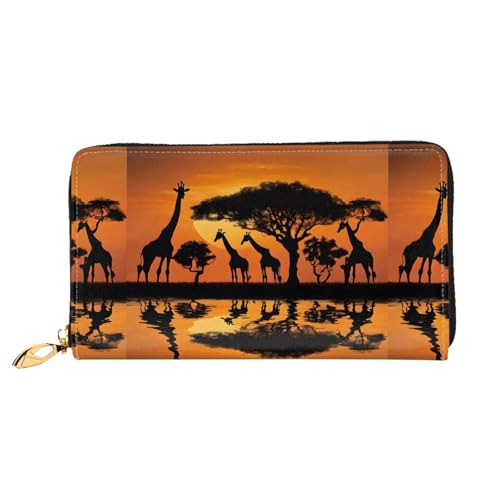 NPOREJKNGF Afrika Giraffe Majestic Tree Stilvolle Ledergeldbörse für modisch bedruckte Geldbörse mit mehreren Kartenfächern, Münzfach mit Reißverschluss und Ausweisfenster, Geschenk, Schwarz von NPOREJKNGF