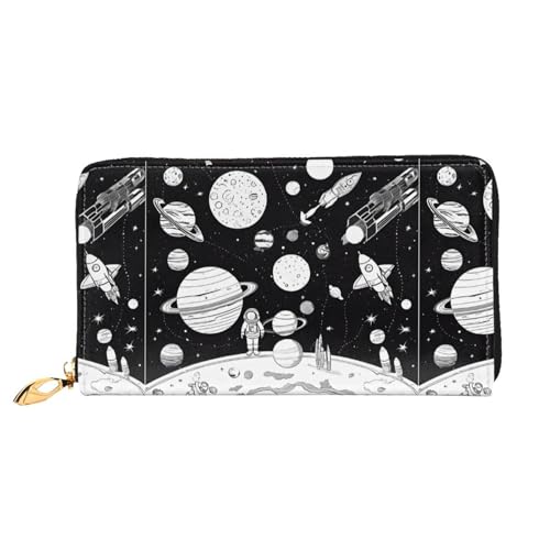 NPOREJKNGF Astronaut und Alien Stilvolle Ledergeldbörse für modisch bedruckte Geldbörse mit mehreren Kartenfächern, Münzfach mit Reißverschluss und Ausweisfenster, Schwarz , Einheitsgröße von NPOREJKNGF