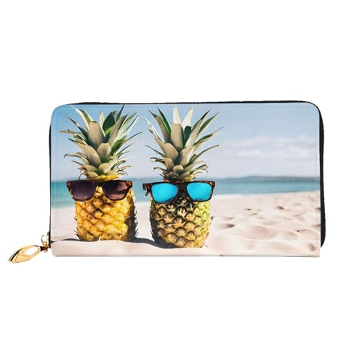 NPOREJKNGF Beach Two Pineapple Sea Stilvolle Ledergeldbörse für modisch bedruckte Geldbörse mit mehreren Kartenfächern, Münzfach mit Reißverschluss und Ausweisfenster, Geschenk, Schwarz von NPOREJKNGF