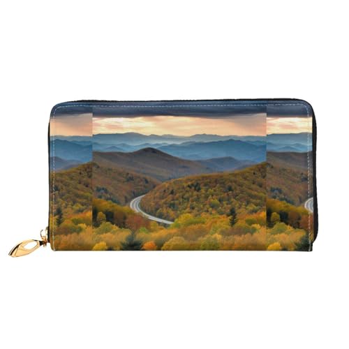 NPOREJKNGF Blue Ridge Parkway Mountains Stilvolle Ledergeldbörse für modisch bedruckte Geldbörse mit mehreren Kartenfächern, Münzfach mit Reißverschluss und Ausweisfenster, Geschenk, Schwarz von NPOREJKNGF