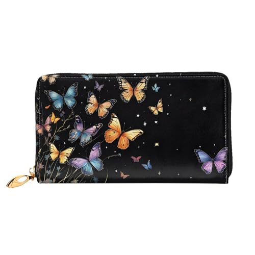 NPOREJKNGF Bunte Schmetterlings-Geldbörse aus Leder für modisch bedruckte Geldbörse mit mehreren Kartenfächern, Münzfach mit Reißverschluss und Ausweisfenster, Schwarz , Einheitsgröße von NPOREJKNGF