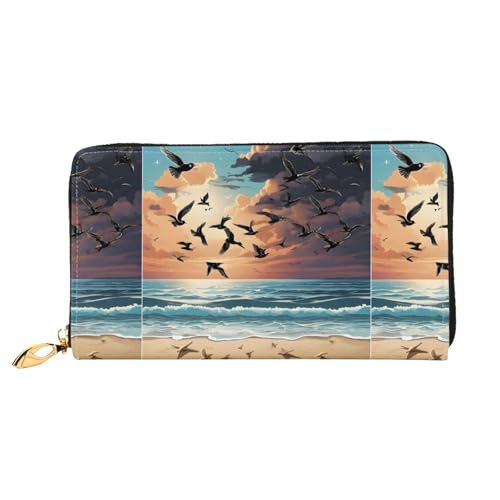 NPOREJKNGF Coconut Palm Tree Sandy Beach Stilvolle Ledergeldbörse für modisch bedruckte Geldbörse mit mehreren Kartenfächern, Münzfach mit Reißverschluss und Ausweisfenster, Geschenk, Schwarz von NPOREJKNGF