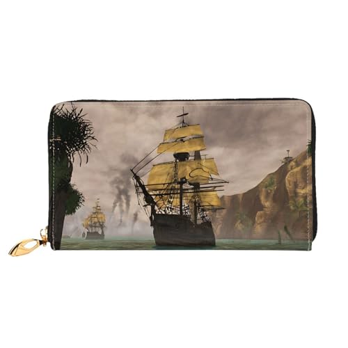 NPOREJKNGF Coole Piratenschiff-Geldbörse aus Leder für modisch bedruckte Geldbörse mit mehreren Kartenfächern, Münzfach mit Reißverschluss und Ausweisfenster, Schwarz , Einheitsgröße von NPOREJKNGF