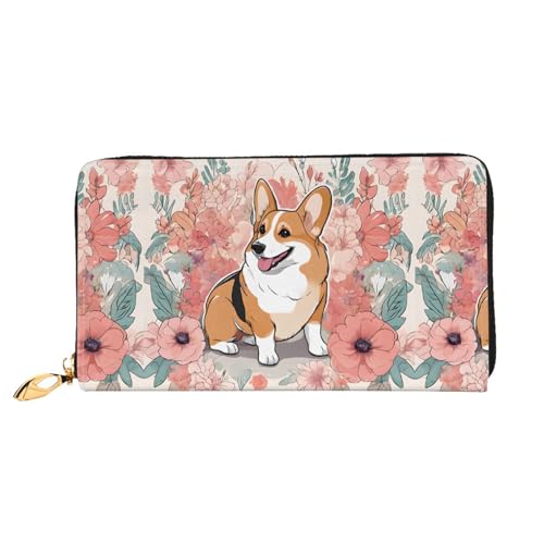 NPOREJKNGF Corgi Geldbörse aus Leder mit Blumenmuster, modische bedruckte Geldbörse mit mehreren Kartenfächern, Münzfach mit Reißverschluss und Ausweisfenster, Geschenk, Schwarz , Einheitsgröße von NPOREJKNGF
