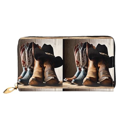 NPOREJKNGF Cowboy-Geldbörse mit schwarzem Hut, Westernstiefel, stilvolle Ledergeldbörse für modisch bedruckte Geldbörse mit mehreren Kartenfächern, Münzfach mit Reißverschluss und Ausweisfenster von NPOREJKNGF