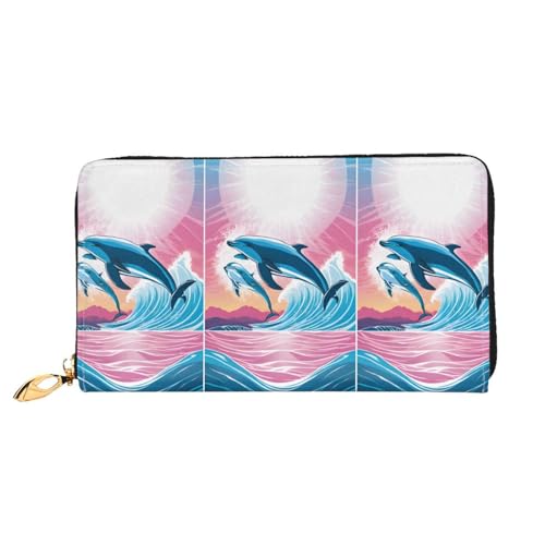 NPOREJKNGF Delphins in Love Stilvolle Ledergeldbörse für modisch bedruckte Geldbörse mit mehreren Kartenfächern, Münzfach mit Reißverschluss und Ausweisfenster, Geschenk, Schwarz , Einheitsgröße von NPOREJKNGF