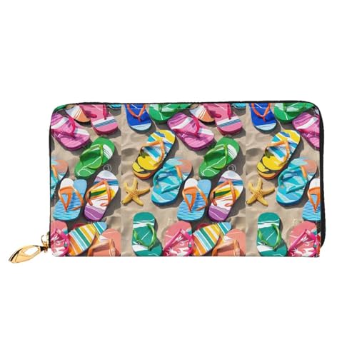 NPOREJKNGF Flip-Flops On A Sandy Beach Stilvolle Ledergeldbörse für modisch bedruckte Geldbörse mit mehreren Kartenfächern, Münzfach mit Reißverschluss und Ausweisfenster, Geschenk, Schwarz von NPOREJKNGF