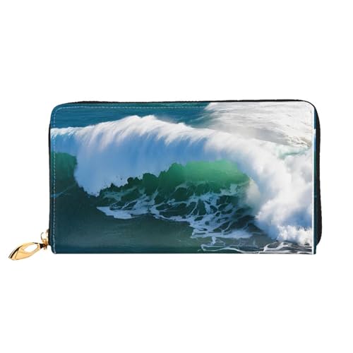 NPOREJKNGF Green Wave Surf Stilvolle Ledergeldbörse für modisch bedruckte Geldbörse mit mehreren Kartenfächern, Münzfach mit Reißverschluss und Ausweisfenster, Geschenk, Schwarz , Einheitsgröße von NPOREJKNGF