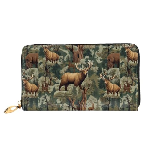 NPOREJKNGF Jagd-Hirschbär-Elch, stilvolle Ledergeldbörse für modisch bedruckte Geldbörse mit mehreren Kartenfächern, Münzfach mit Reißverschluss und Ausweisfenster, Geschenk, Schwarz , Einheitsgröße von NPOREJKNGF