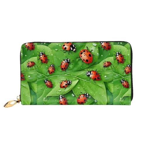 NPOREJKNGF Leaves and Ladybugs Stilvolle Ledergeldbörse für modisch bedruckte Geldbörse mit mehreren Kartenfächern, Münzfach mit Reißverschluss und Ausweisfenster, Geschenk, Schwarz , Einheitsgröße von NPOREJKNGF