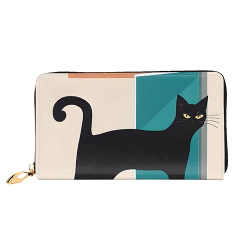 NPOREJKNGF Moderne Katzen-Geldbörse aus der Mitte des Jahrhunderts aus Leder für modisch bedruckte Geldbörse mit mehreren Kartenfächern, Münzfach mit Reißverschluss und Ausweisfenster, Schwarz von NPOREJKNGF